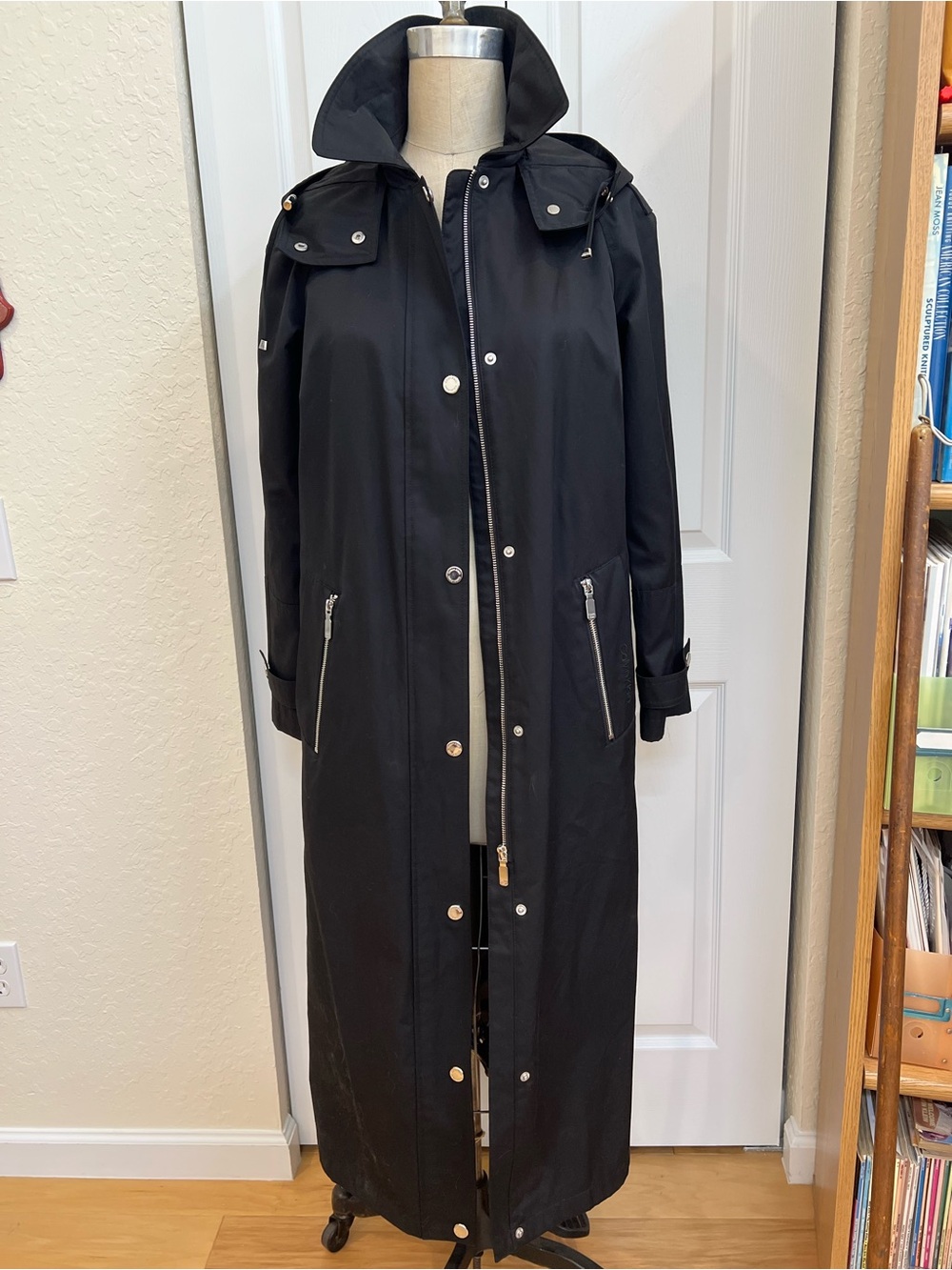 Calvin Klein Black Long Trench Coat with Hood